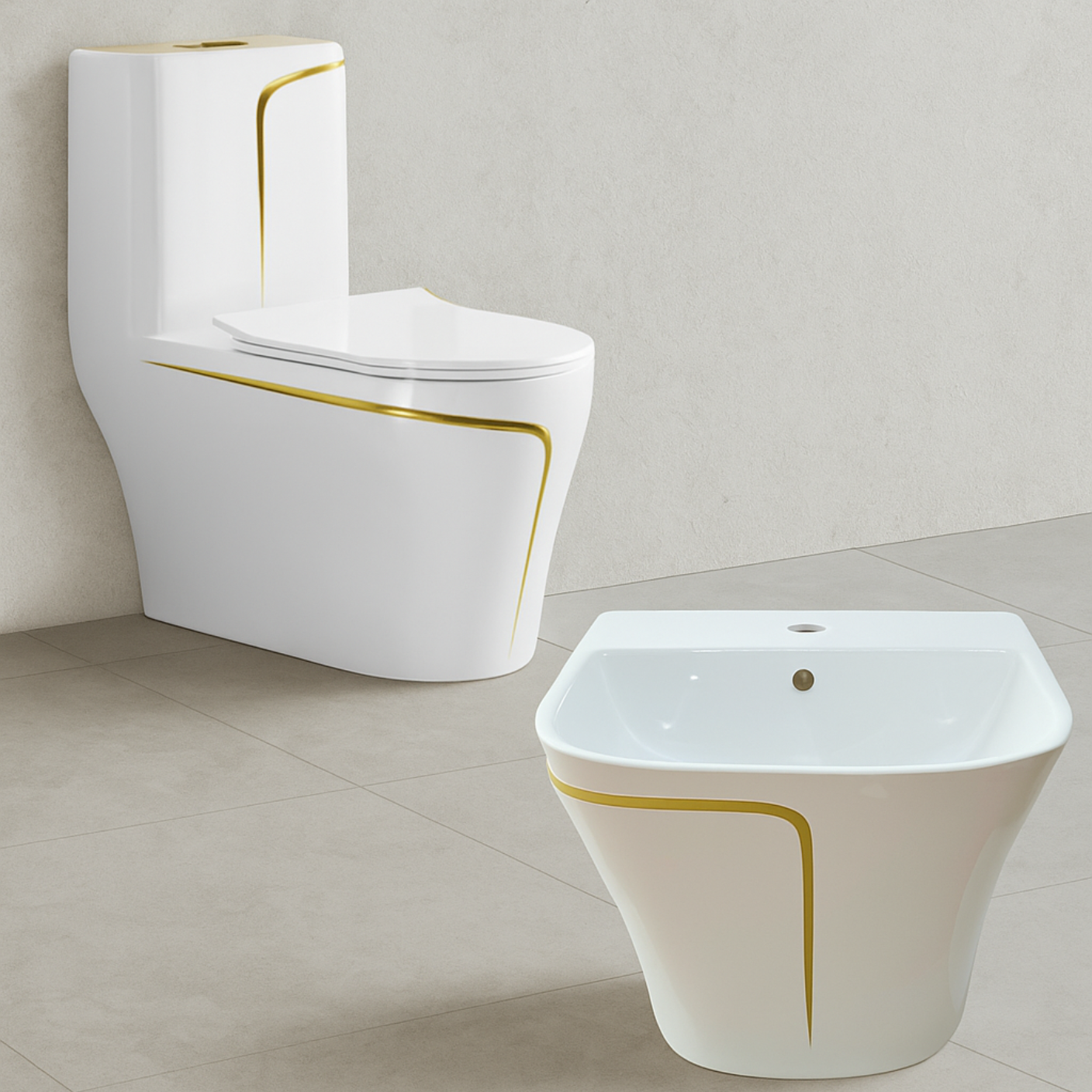 Designer One-Piece Toilet Set - White & Gold