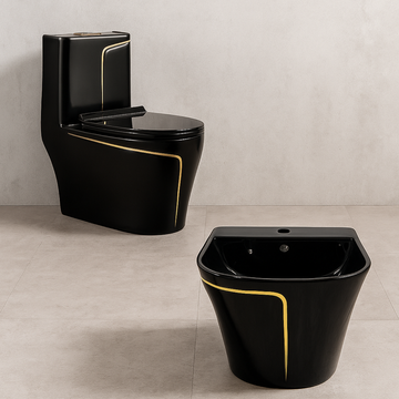 Designer One-Piece Toilet Set - Black & Gold