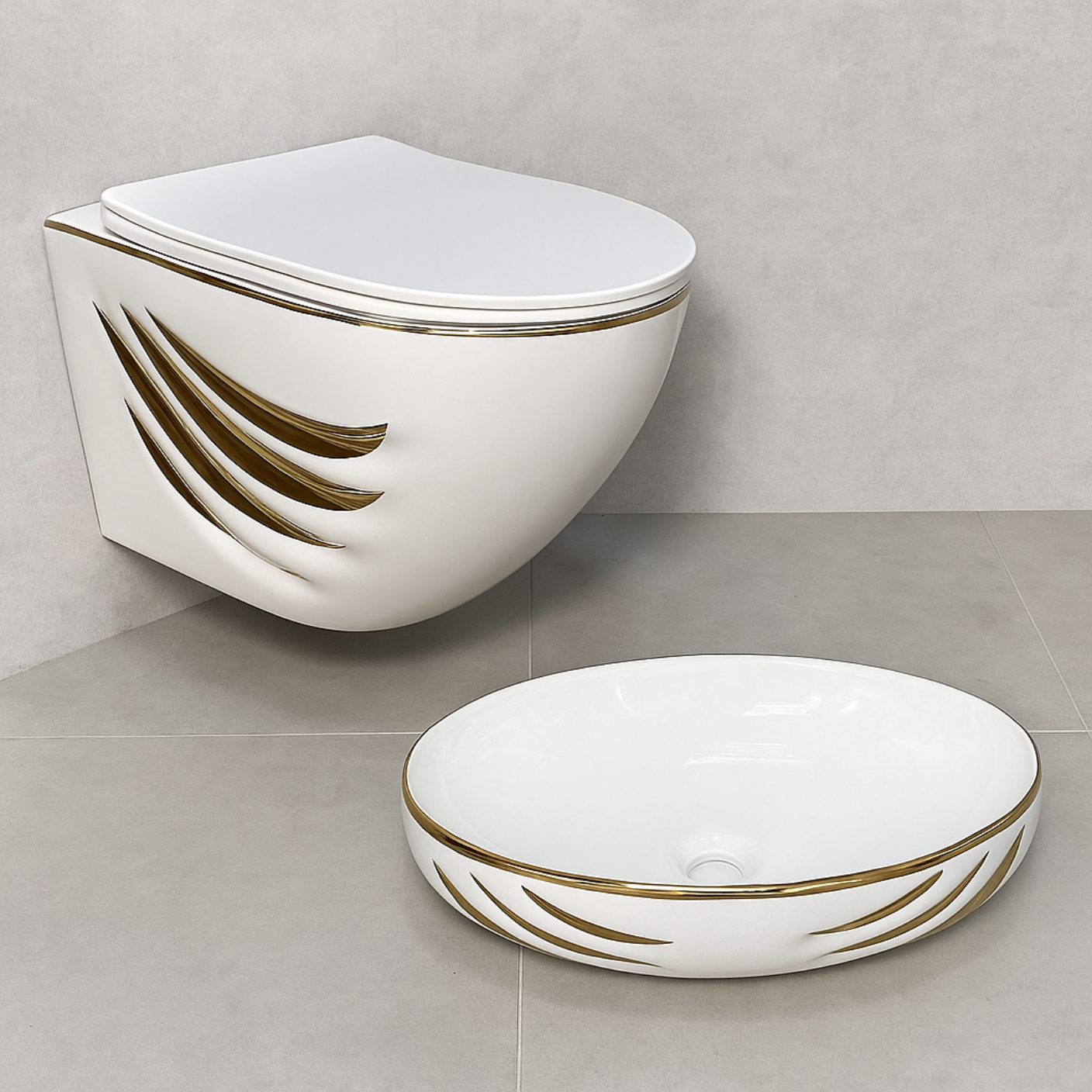 Designer Wall Hung WC Set - Gold & White