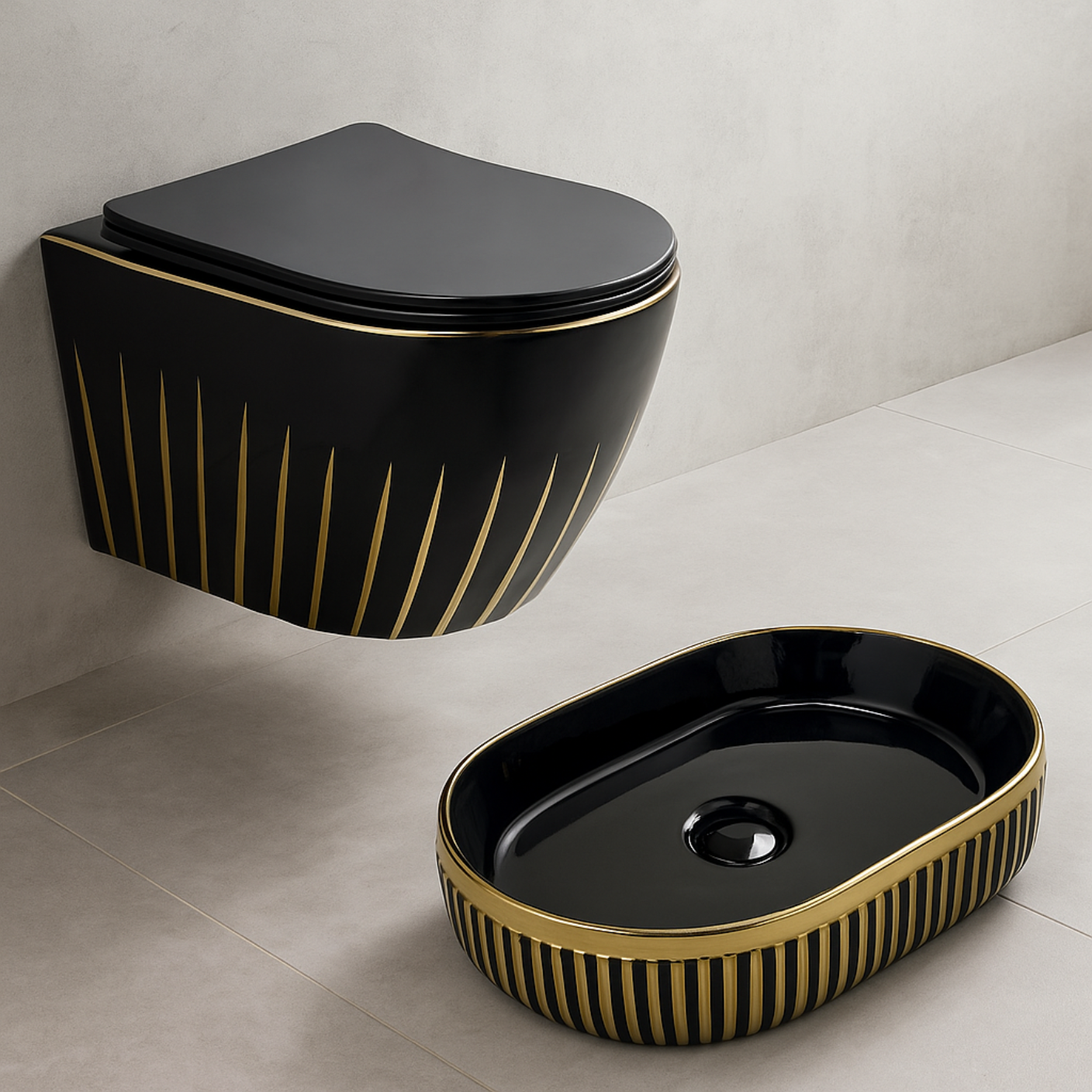 Designer Wall Hung WC Set - Black & Gold