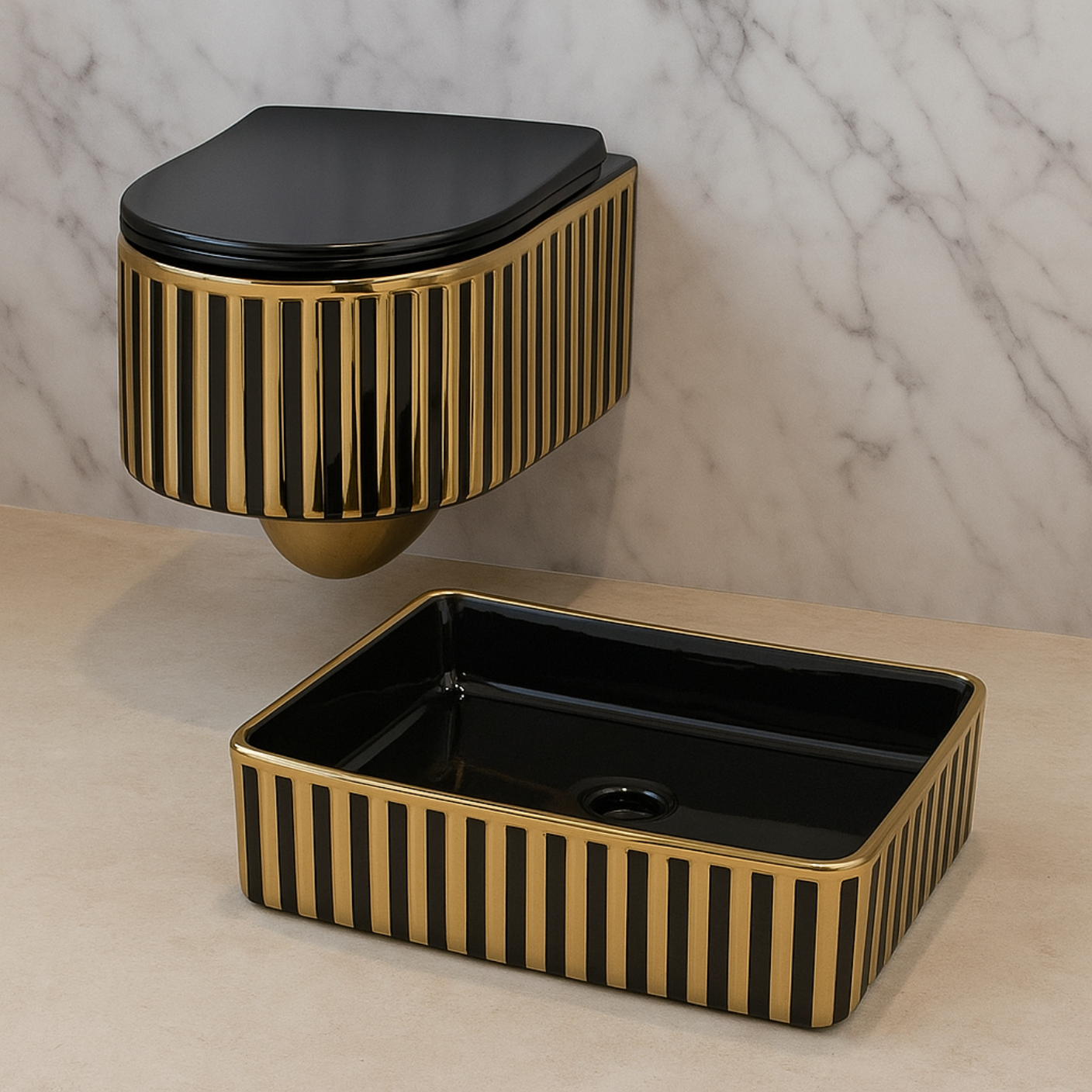 Designer Wall Hung WC Set - Black & Gold