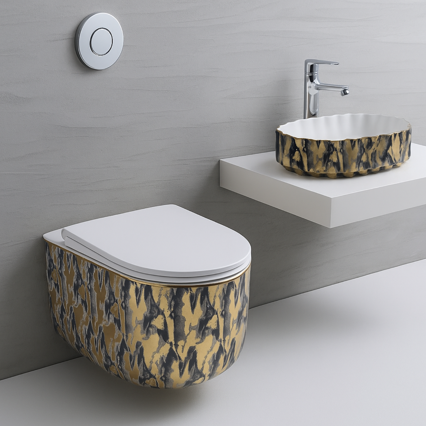 Designer Wall Hung WC Set - Gold & White