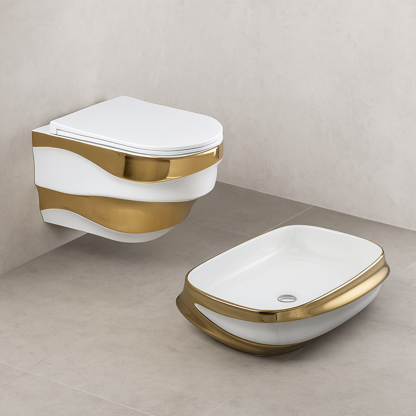 Designer Wall Hung WC Set - White & Gold