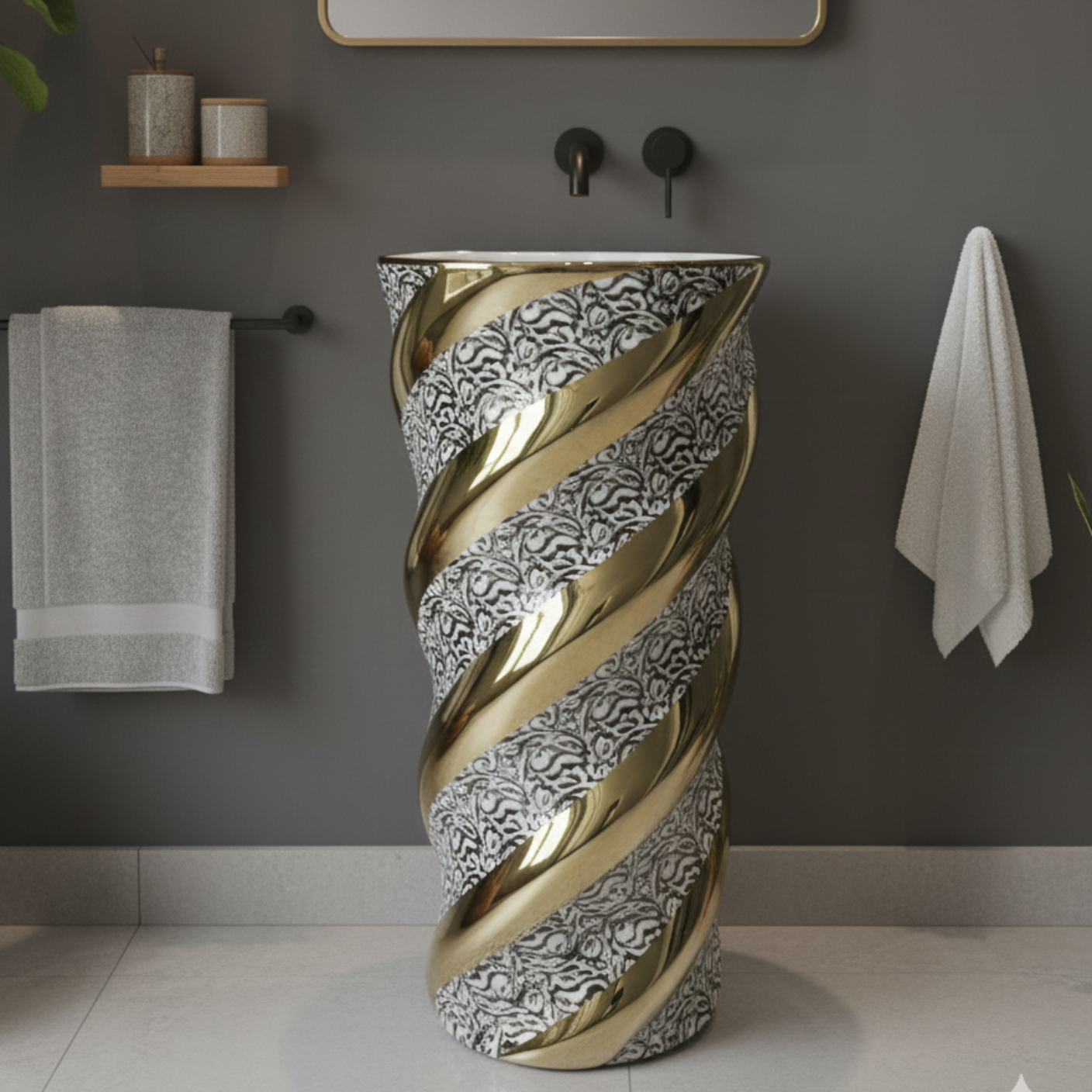 Designer Pedestal Wash Basin - White & Gold