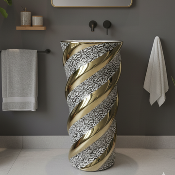 Designer Pedestal Wash Basin - White & Gold
