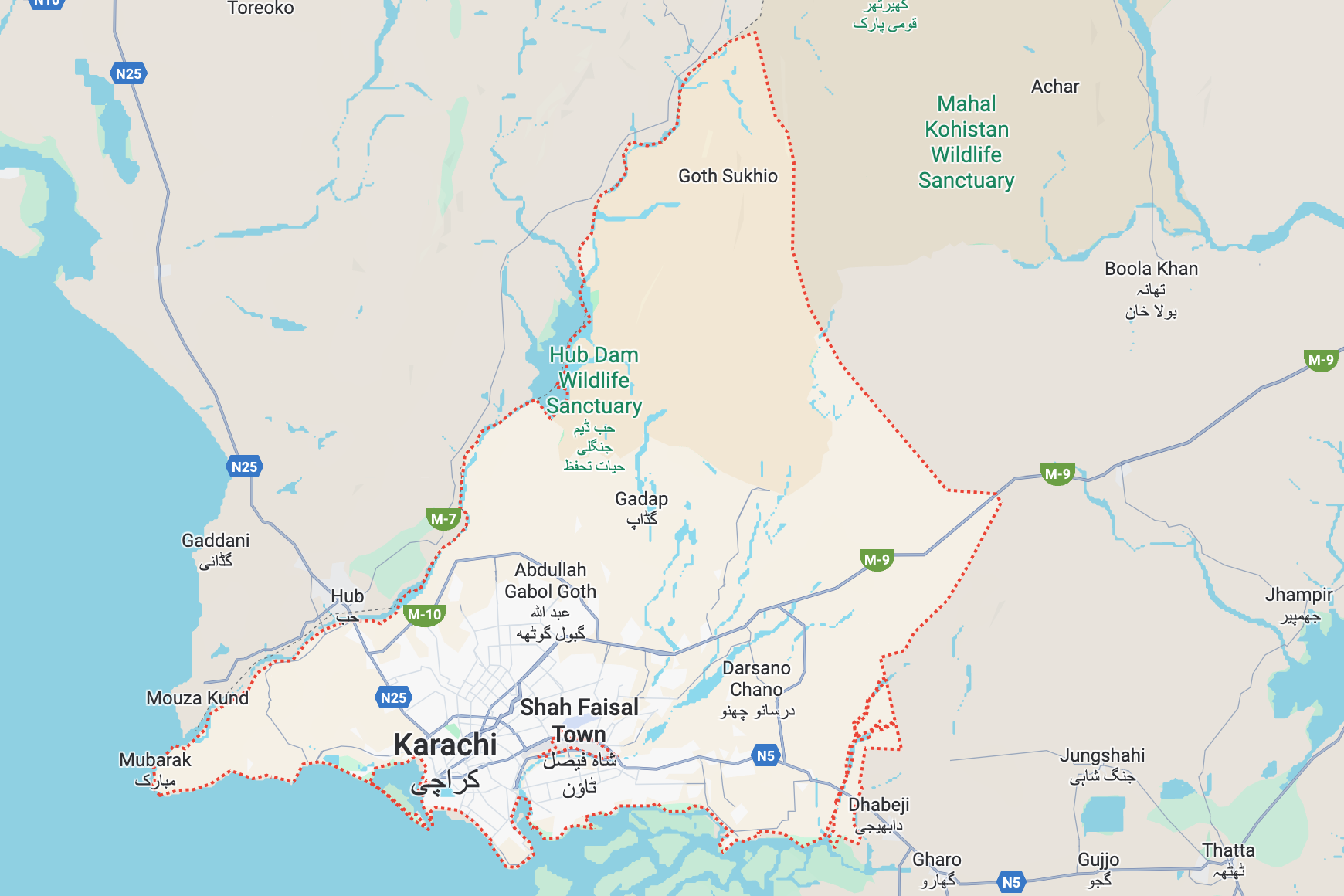 Map of Karachi with various locations marked on it